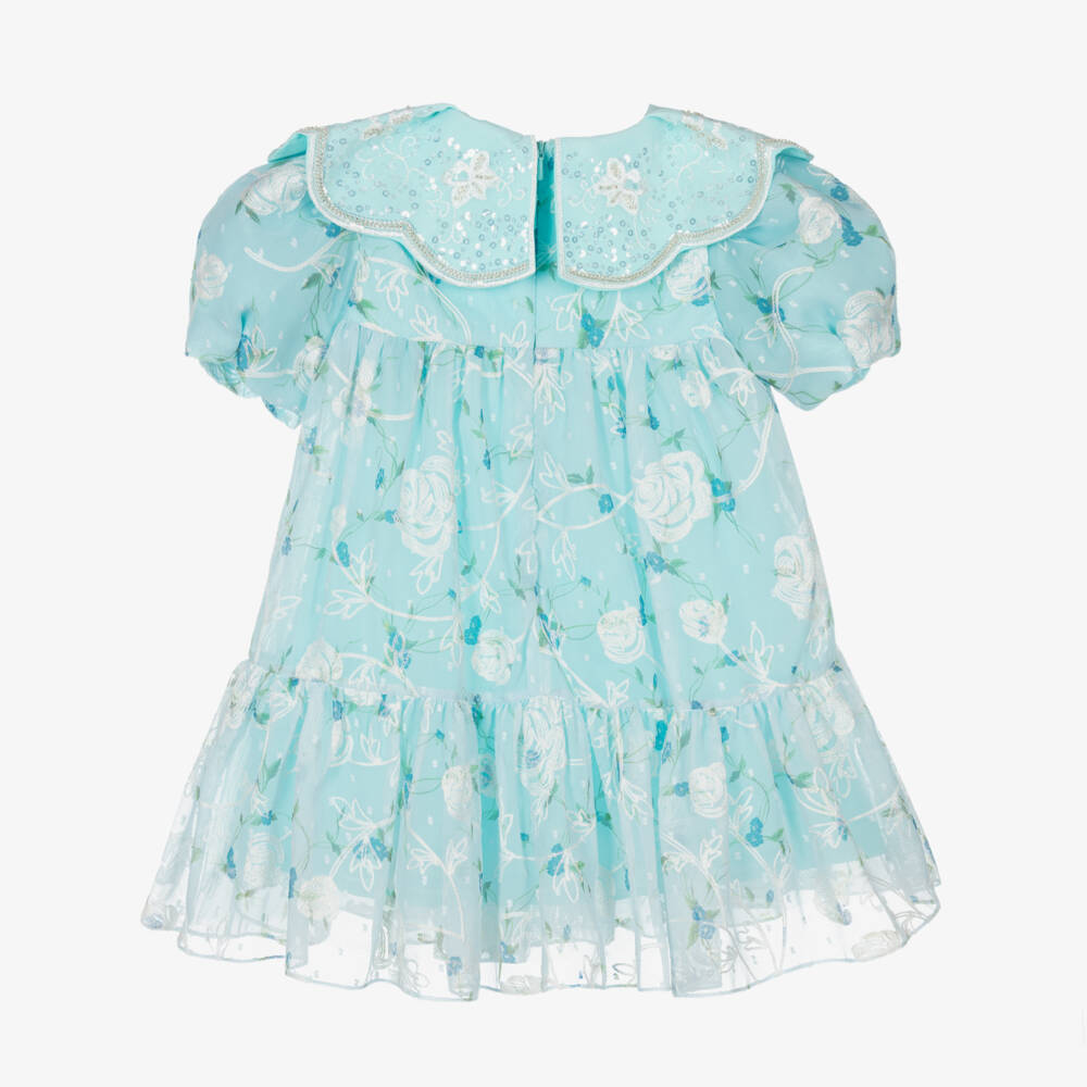 Junona-Girls Blue Embroidered Floral Chiffon Dress | Childrensalon
