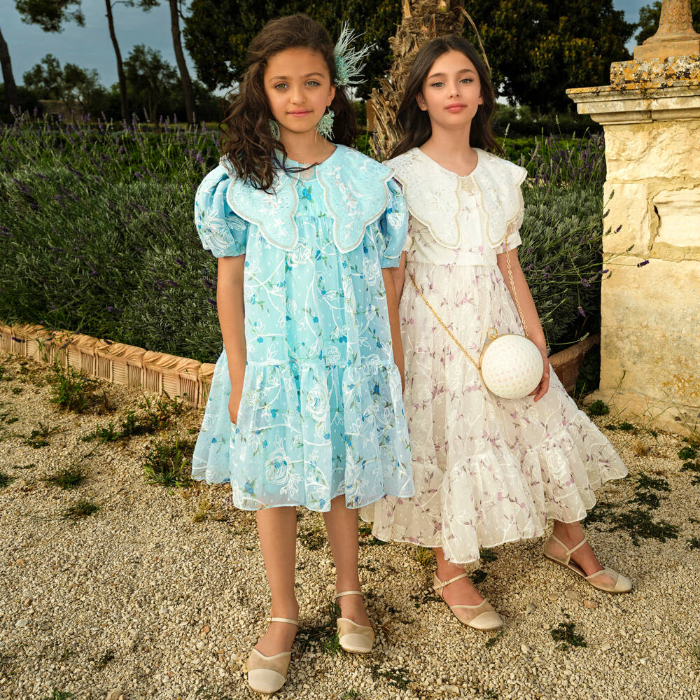 Junona-Girls Blue Embroidered Floral Chiffon Dress | Childrensalon
