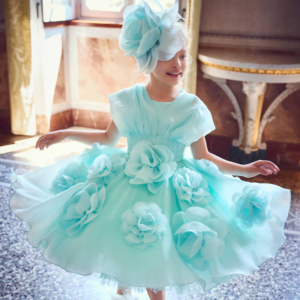 Junona-Girls Blue Floral Organza Dress | Childrensalon