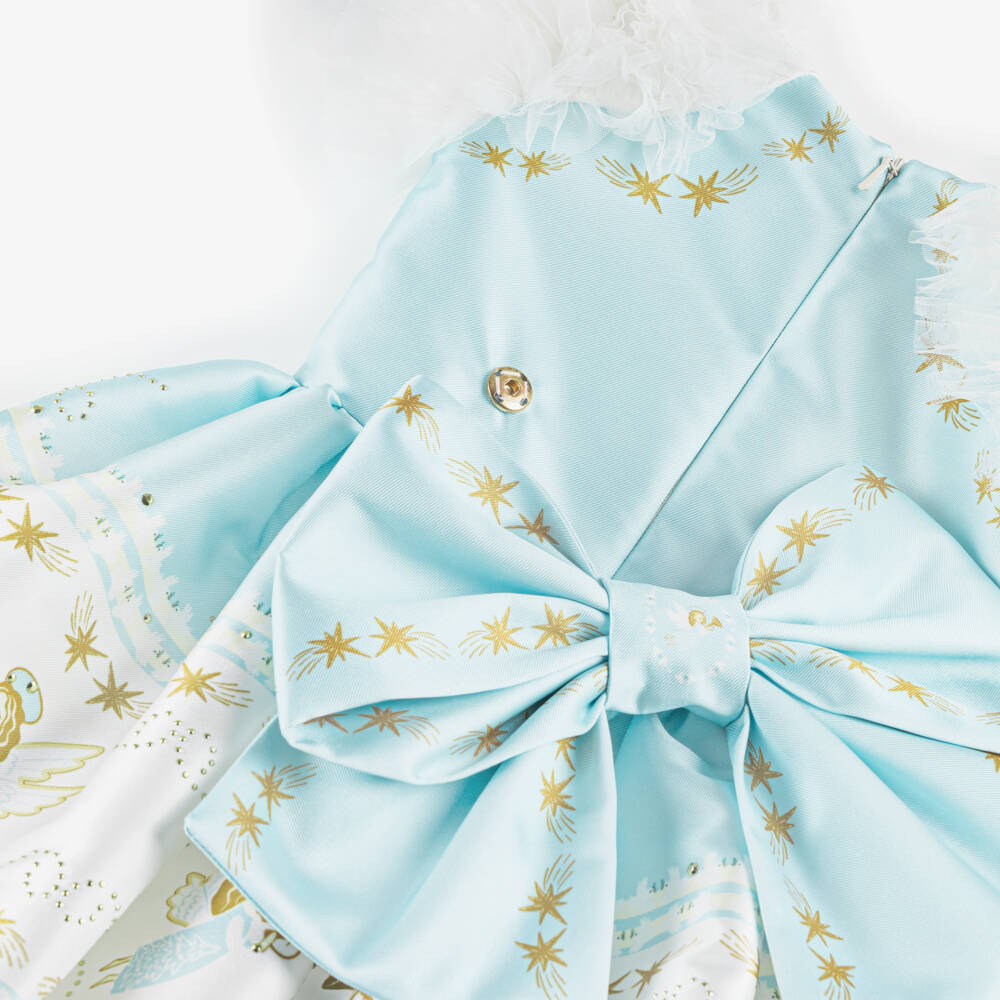 Junona-Girls Blue Satin Dress with Festive Angels | Childrensalon