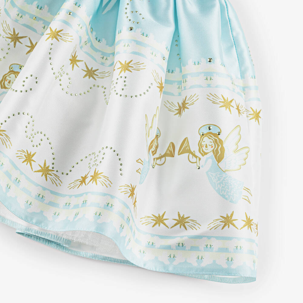 Junona-Girls Blue Satin Dress with Festive Angels | Childrensalon