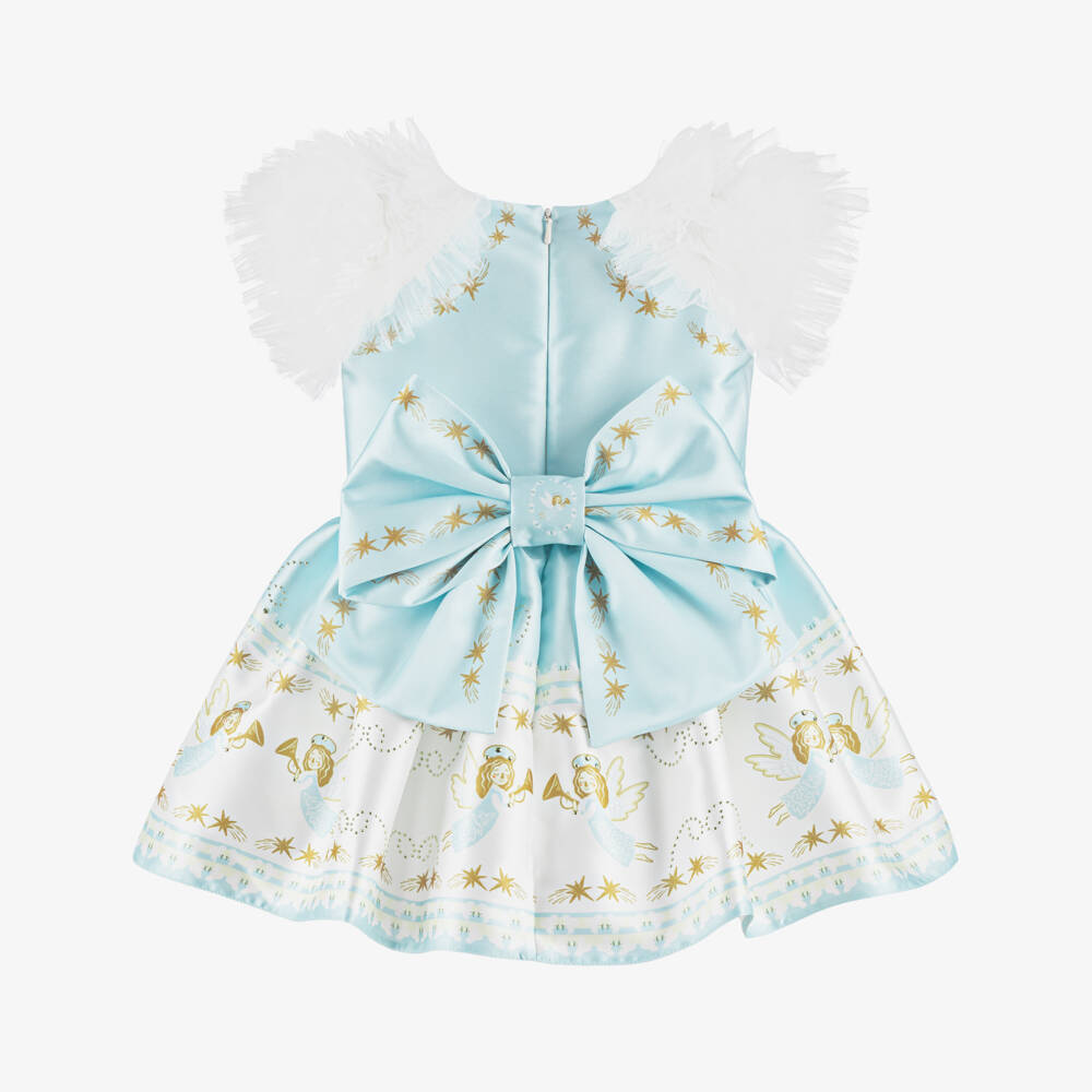 Junona-Girls Blue Satin Dress with Festive Angels | Childrensalon