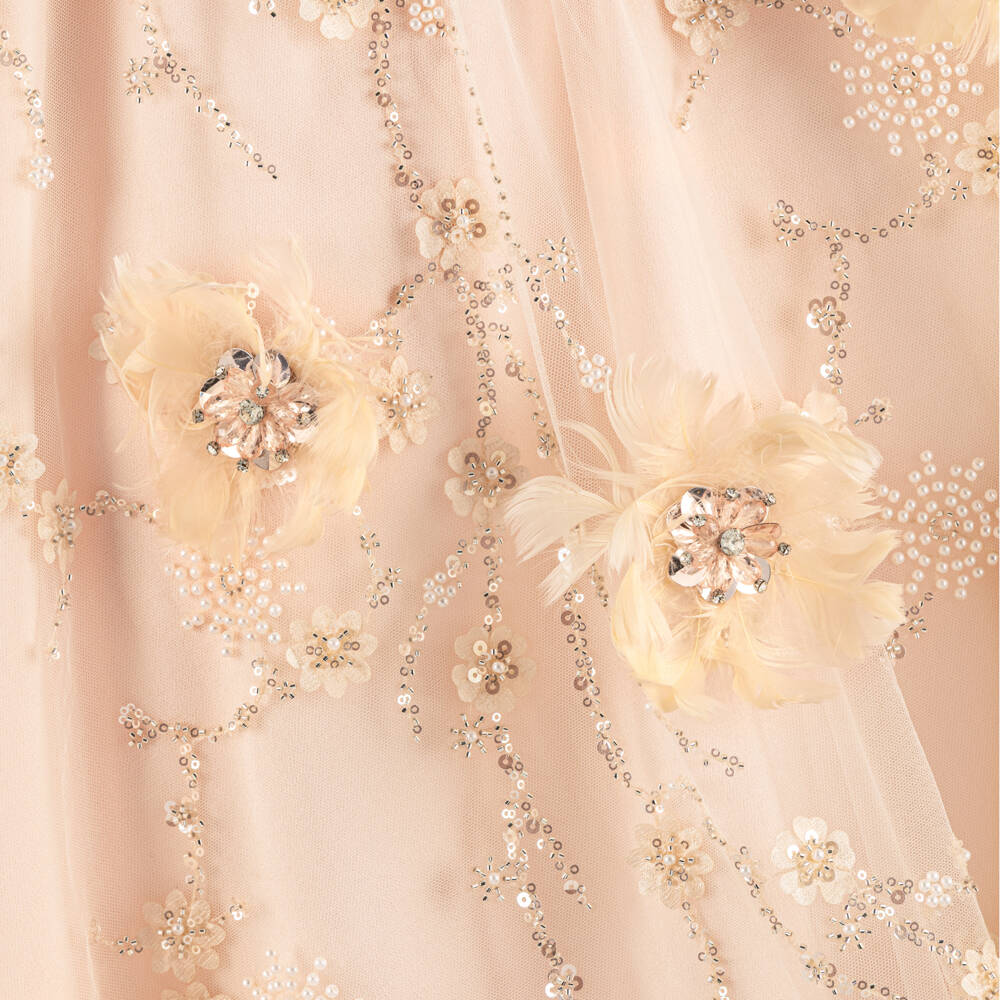 Junona-Girls Blush Pink Beaded Feather Flower Tulle Dress  | Childrensalon