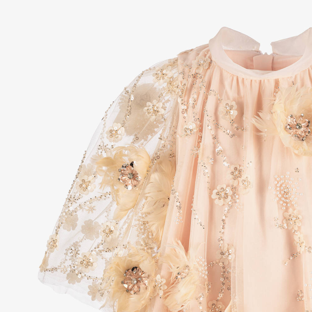 Junona-Girls Blush Pink Beaded Feather Flower Tulle Dress  | Childrensalon
