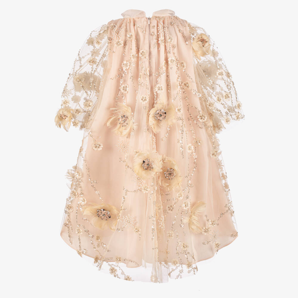 Junona-Girls Blush Pink Beaded Feather Flower Tulle Dress  | Childrensalon