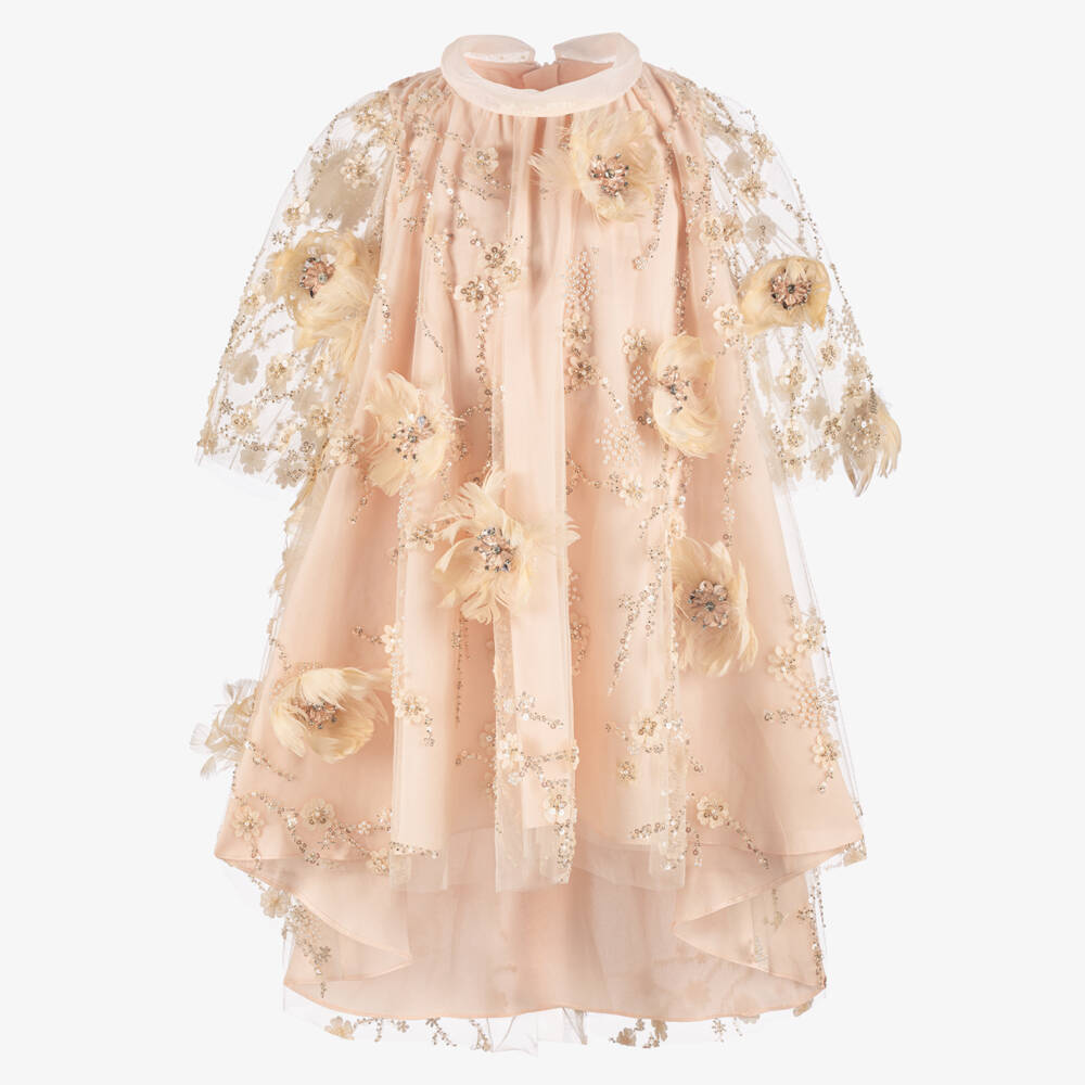 Junona-Girls Blush Pink Beaded Feather Flower Tulle Dress  | Childrensalon