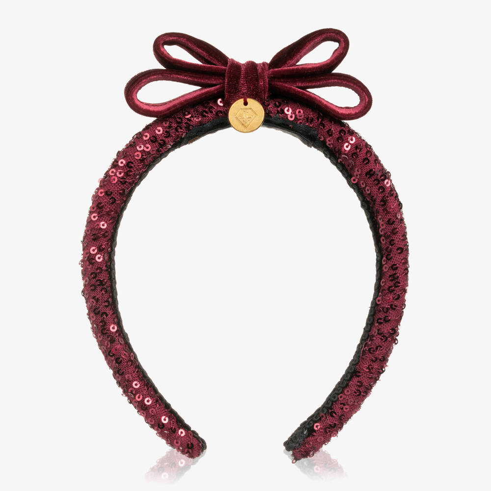 Junona-Girls Burgundy Red Sequin & Velvet Bow Hairband | Childrensalon