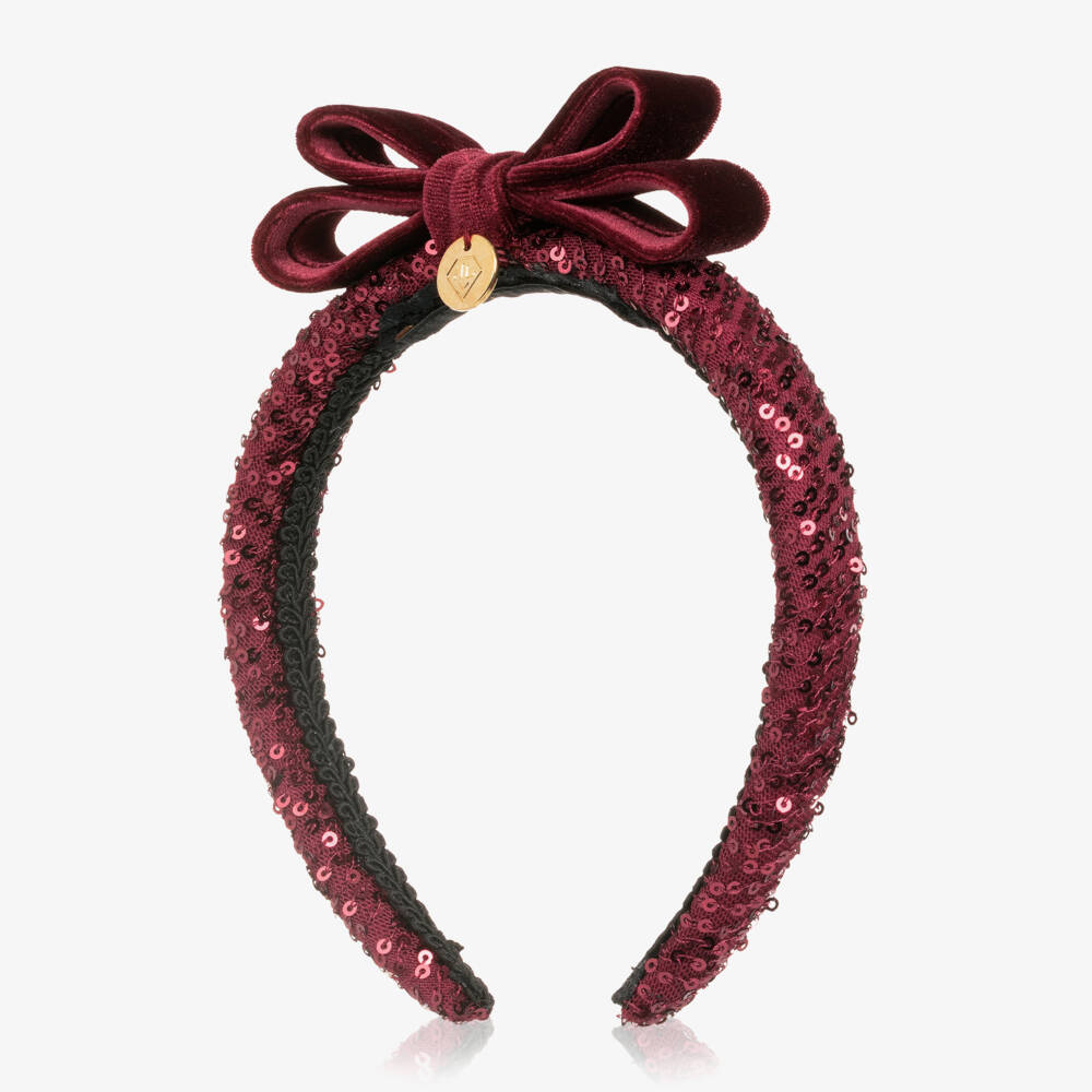 Junona-Girls Burgundy Red Sequin & Velvet Bow Hairband | Childrensalon