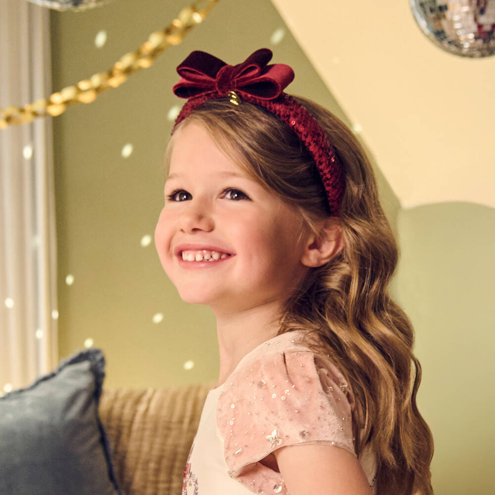 Junona-Girls Burgundy Red Sequin & Velvet Bow Hairband | Childrensalon