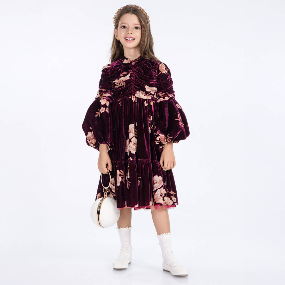 Junona-Girls Burgundy Red Velvet Floral Dress | Childrensalon