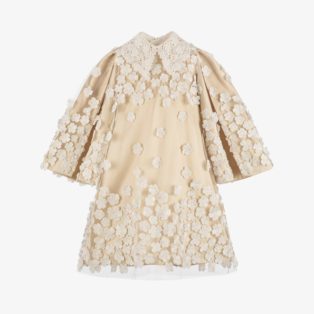 Junona-Girls Champagne Gold Tulle Dress with Floral Appliqués | Childrensalon