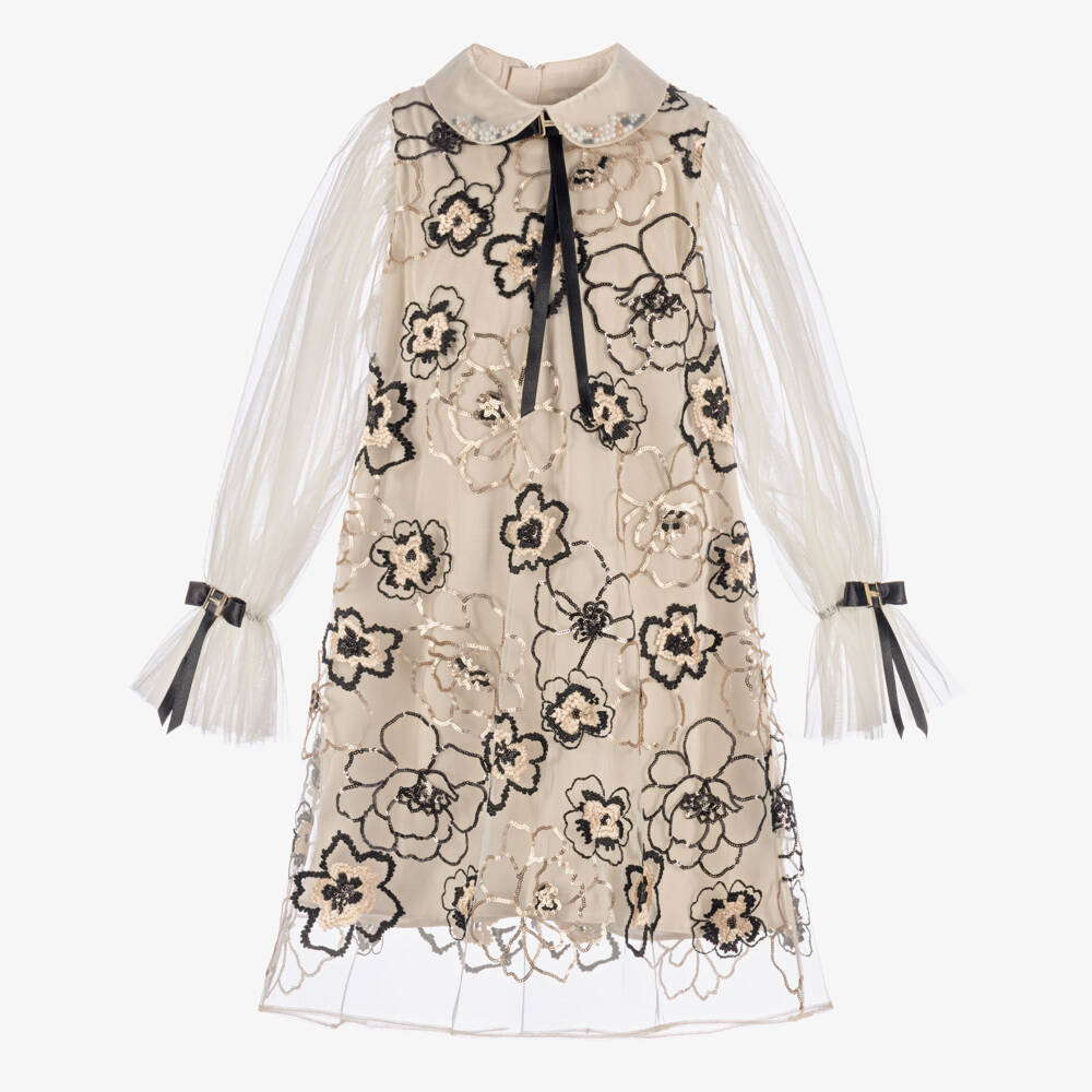 Junona-Girls Champagne Gold Tulle Dress with Sequin Flowers | Childrensalon
