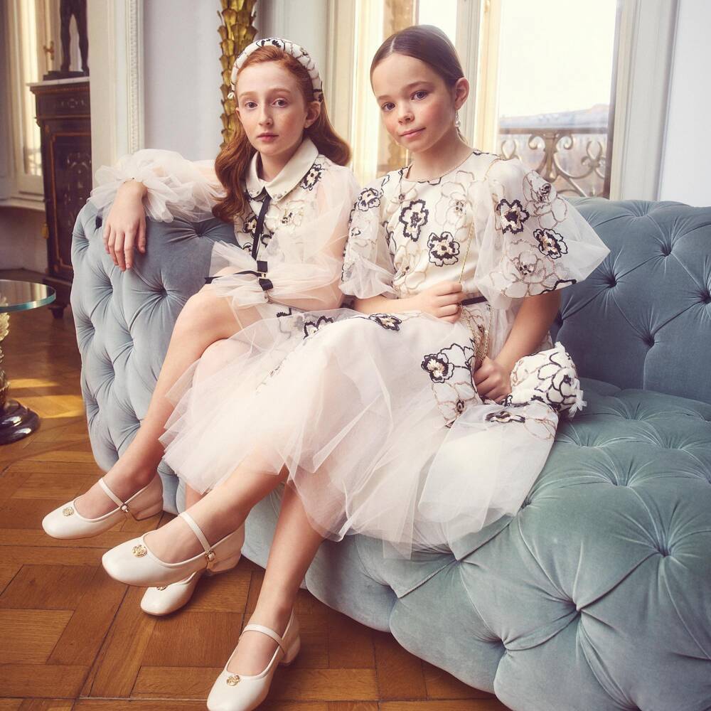 Junona-Girls Champagne Gold Tulle Dress with Sequin Flowers | Childrensalon