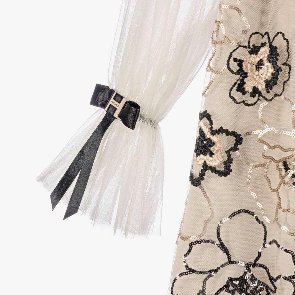 Junona-Girls Champagne Gold Tulle Dress with Sequin Flowers | Childrensalon