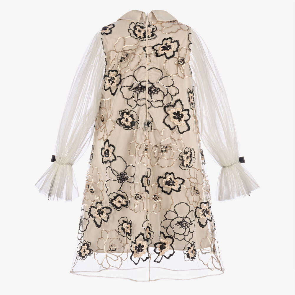 Junona-Girls Champagne Gold Tulle Dress with Sequin Flowers | Childrensalon