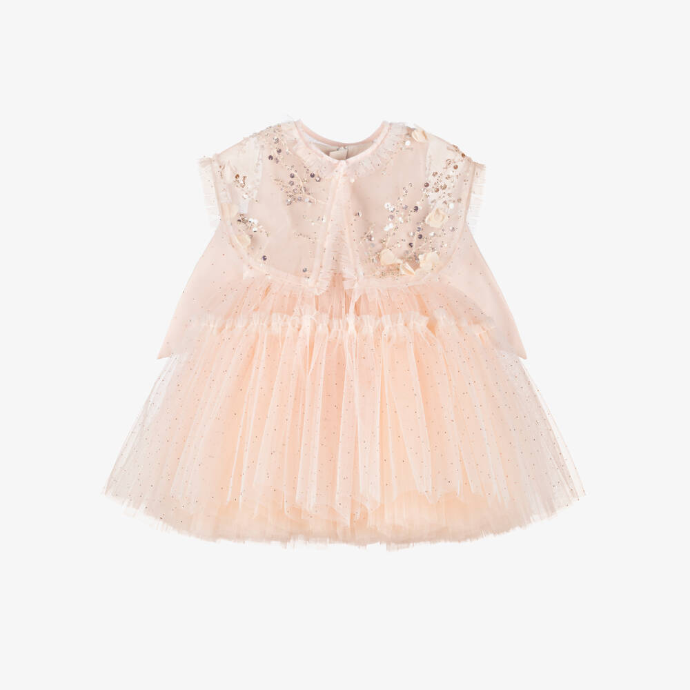 Junona-Girls Dusky Pink Tulle Dress with Beaded Collar | Childrensalon