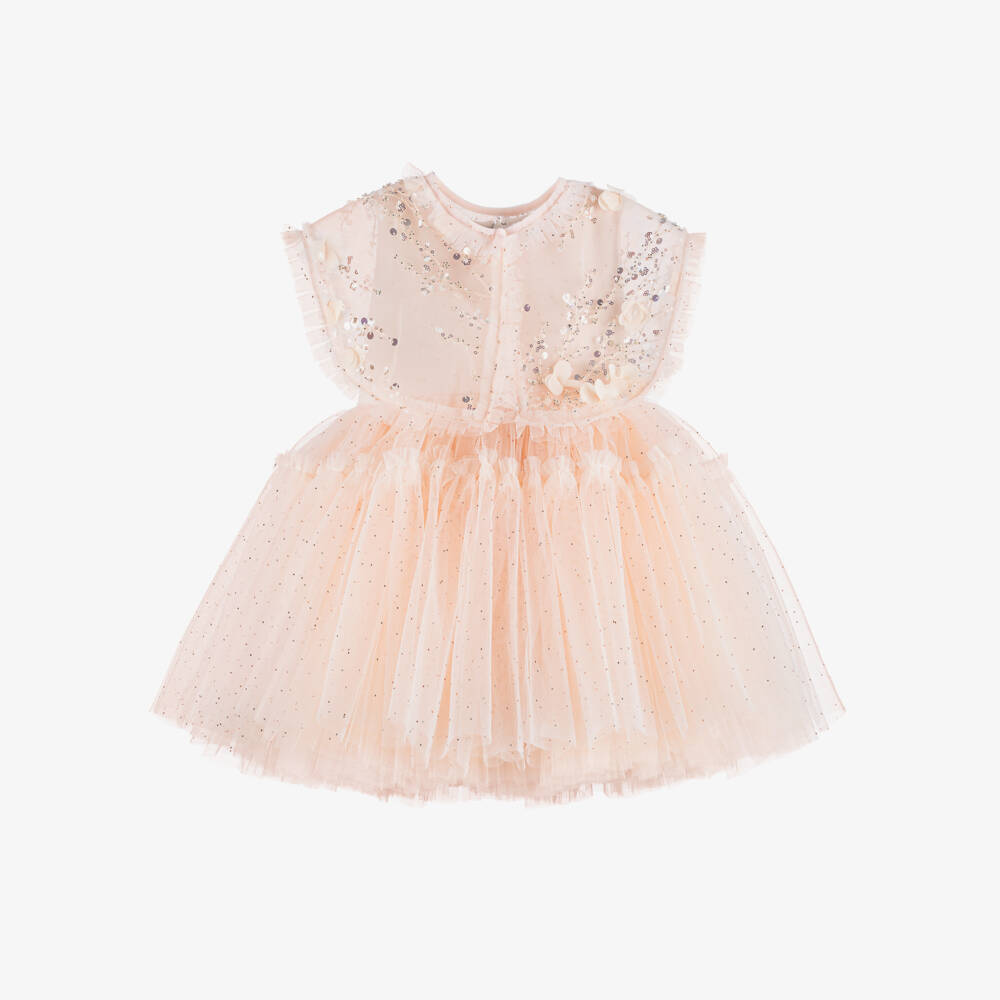 Junona-Girls Dusky Pink Tulle Dress with Beaded Collar | Childrensalon