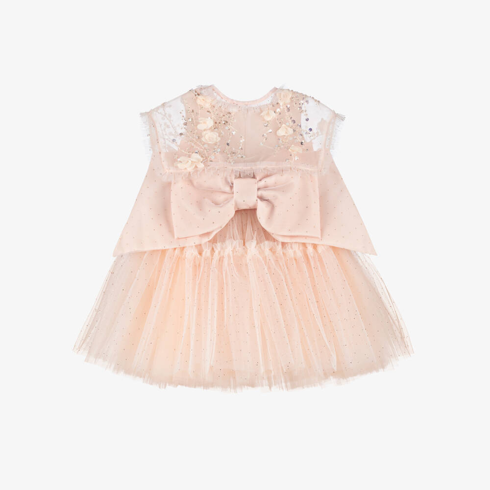 Junona-Girls Dusky Pink Tulle Dress with Beaded Collar | Childrensalon