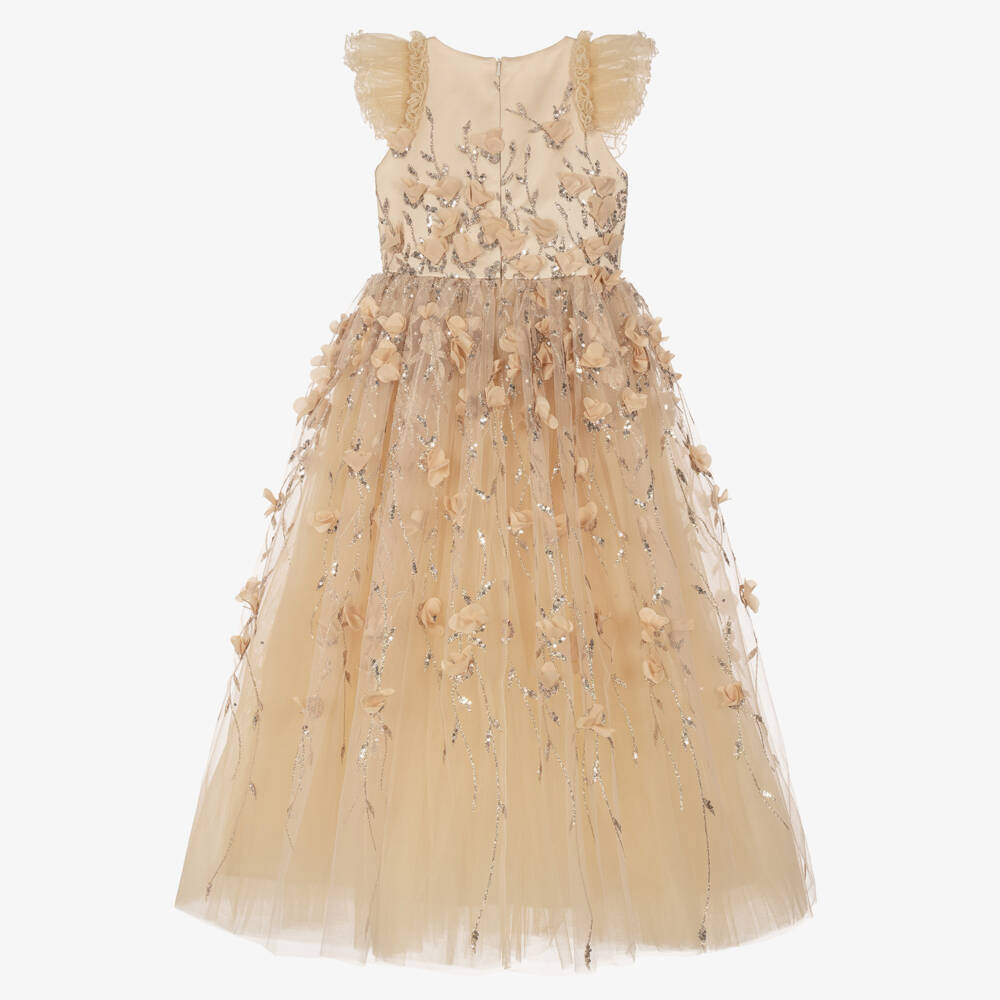 Junona-Girls Embellished Gold Tulle Floor Length Dress | Childrensalon