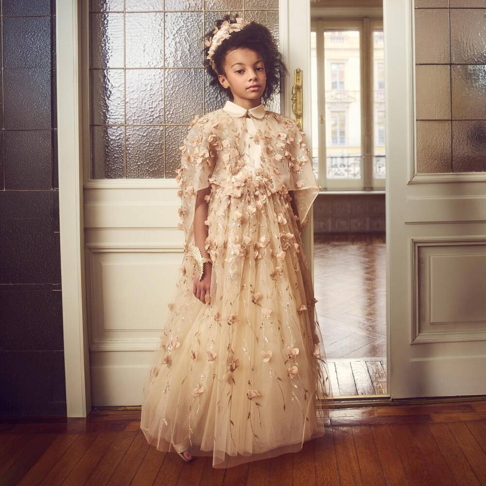 Junona-Girls Embellished Gold Tulle Floor Length Dress | Childrensalon