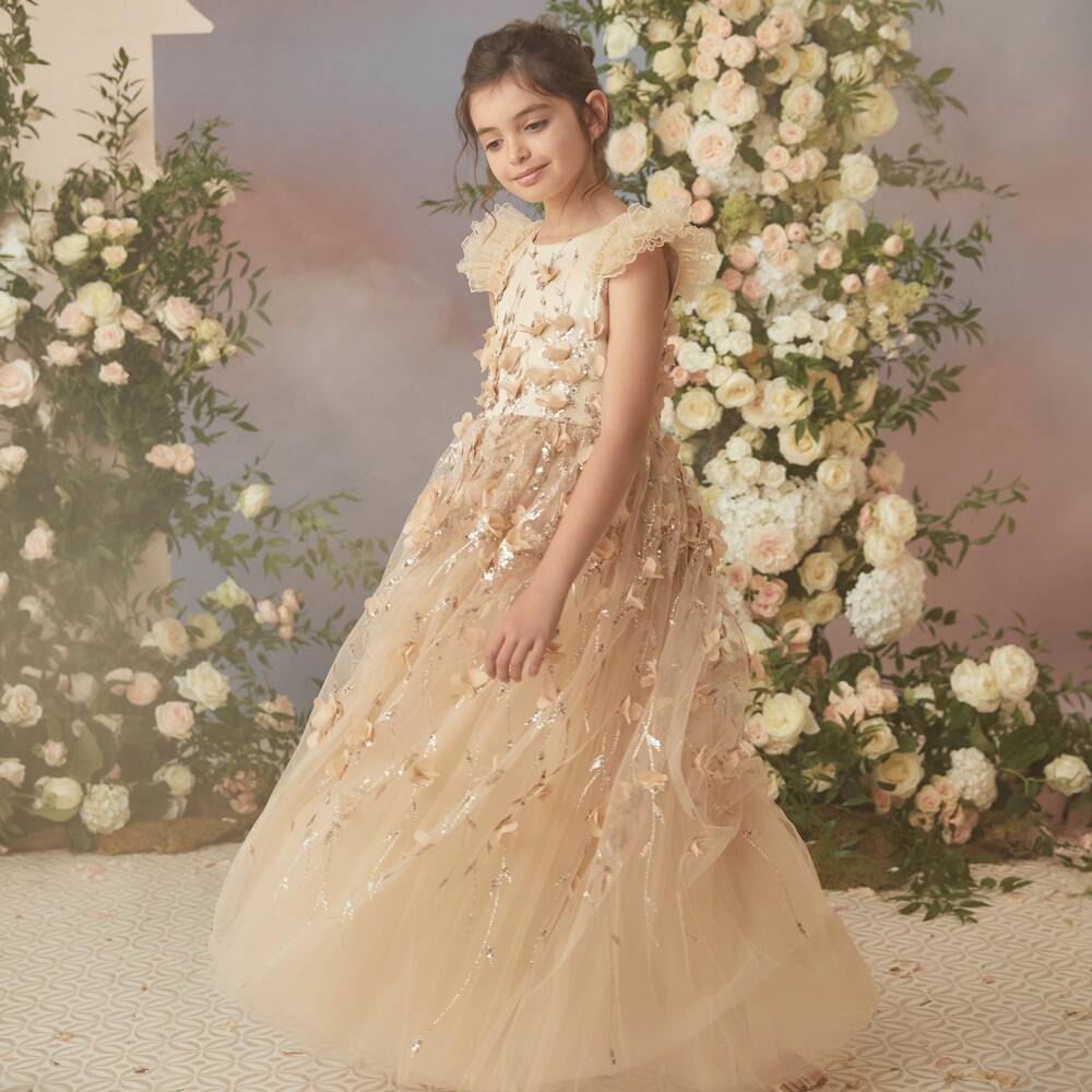 Junona-Girls Embellished Gold Tulle Floor Length Dress | Childrensalon