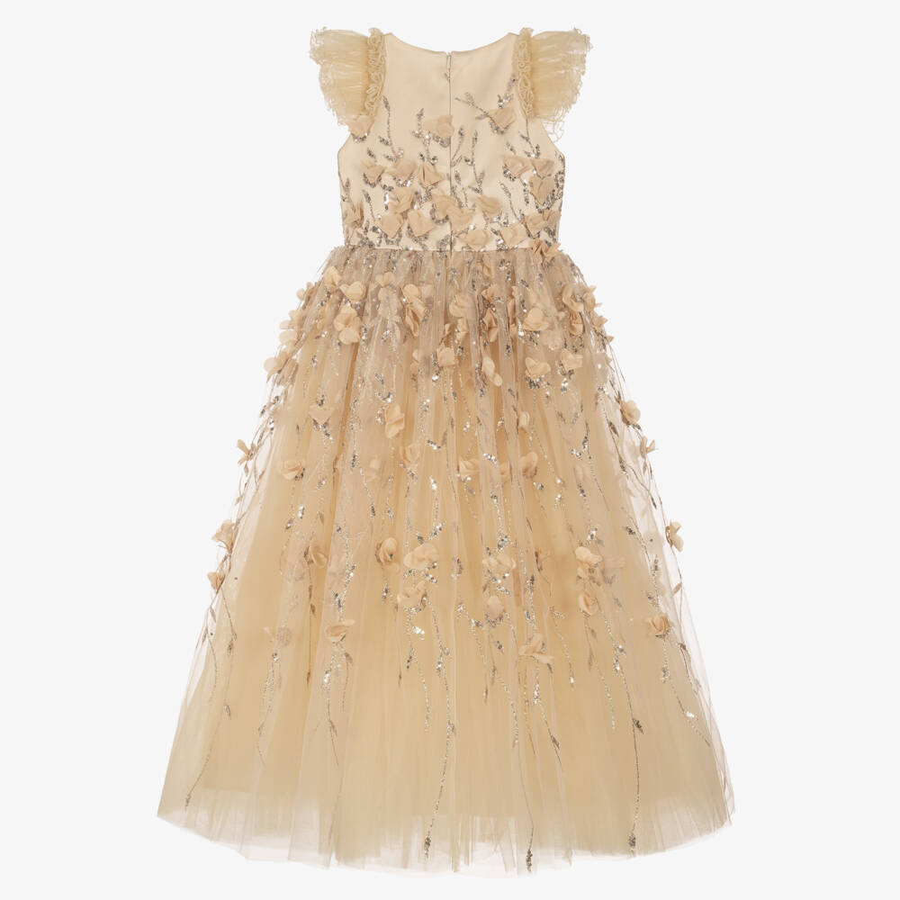 Junona-Girls Embellished Gold Tulle Floor Length Dress | Childrensalon