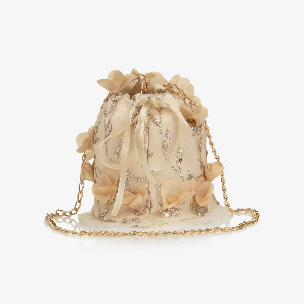 Junona-Girls Flower & Glitter Embellished Gold Tulle Bag (13cm) | Childrensalon