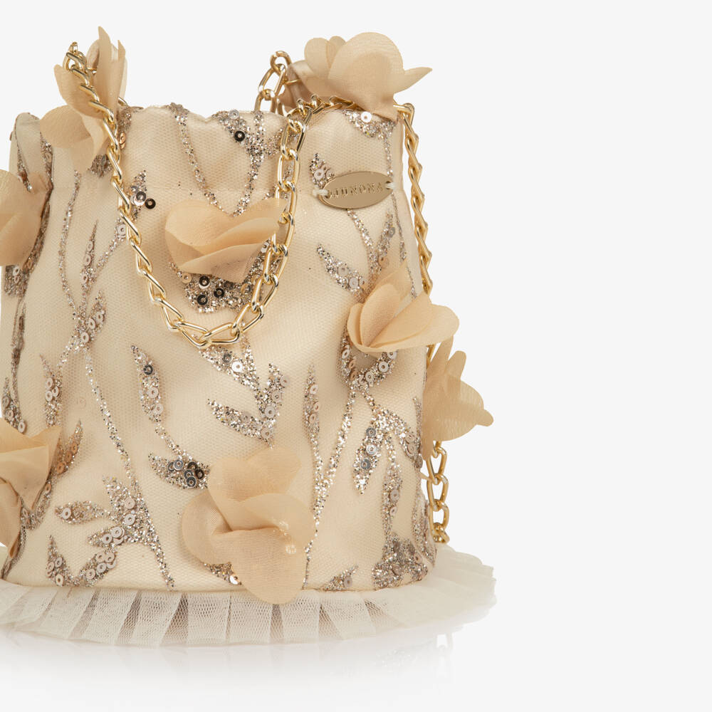 Junona-Girls Flower & Glitter Embellished Gold Tulle Bag (13cm) | Childrensalon