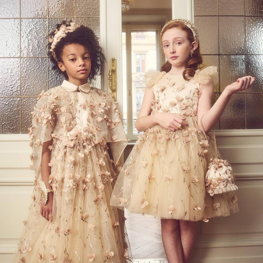 Junona-Girls Flower & Glitter Embellished Gold Tulle Bag (13cm) | Childrensalon