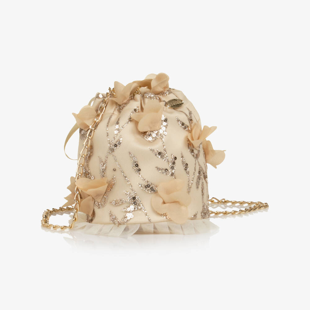 Junona-Girls Flower & Glitter Embellished Gold Tulle Bag (13cm) | Childrensalon