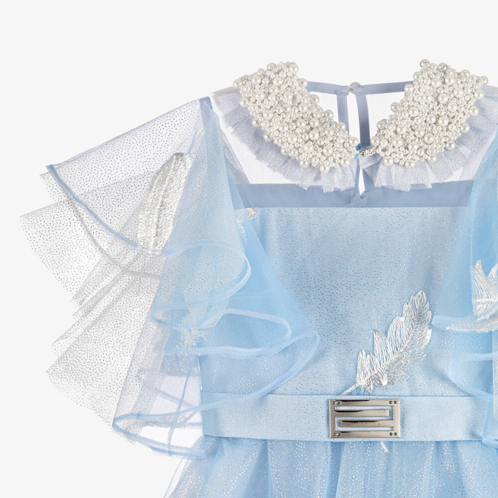 Junona-Girls Glitter Blue Tulle Dress with Feather Motifs | Childrensalon