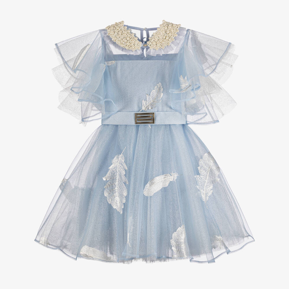 Junona-Girls Glitter Blue Tulle Dress with Feather Motifs | Childrensalon