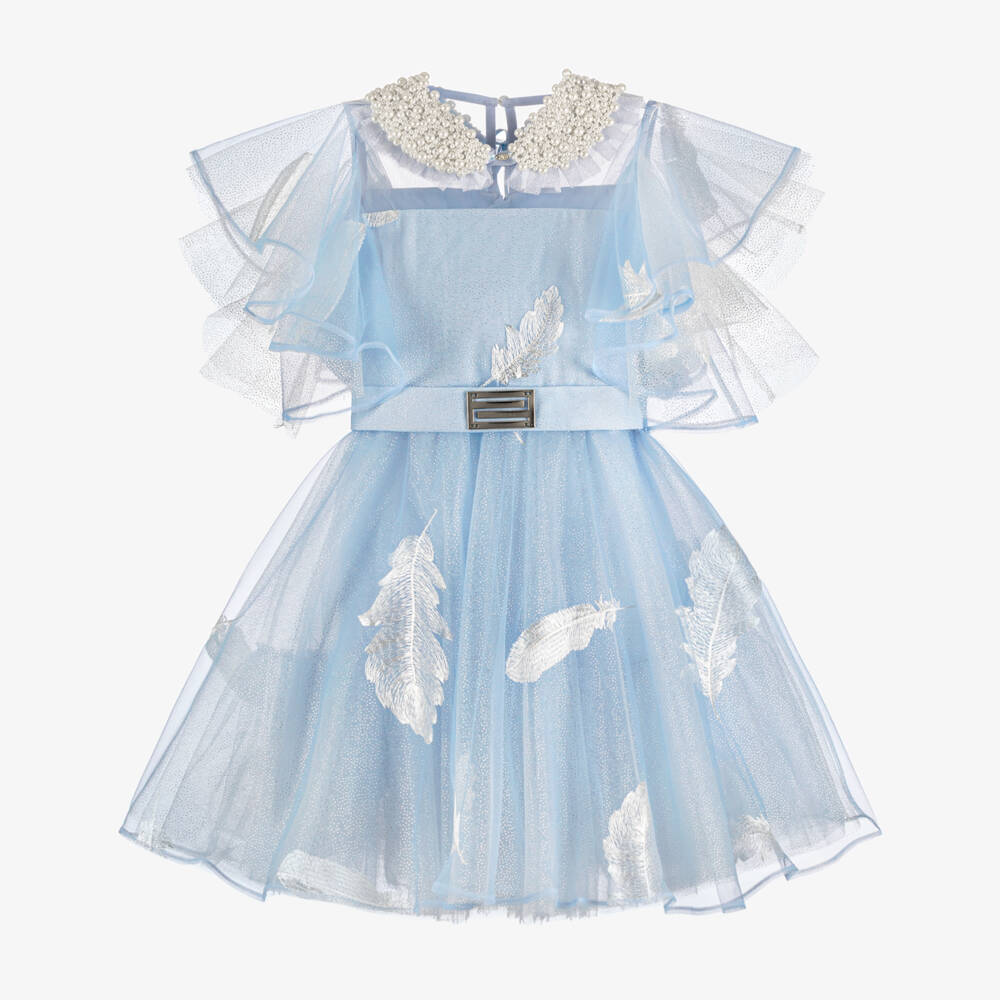 Junona-Платье голубое из блестящего тюля с перьями для девочек | Childrensalon