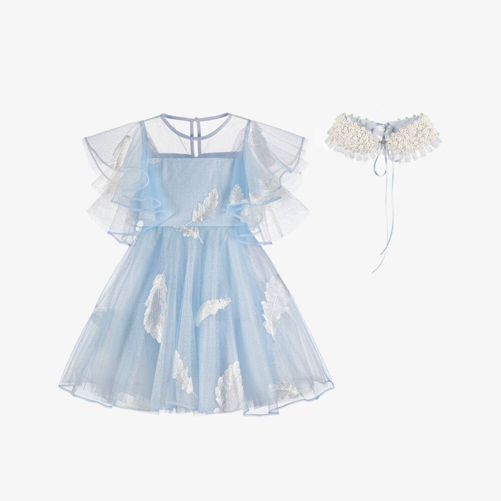 Junona-Girls Glitter Blue Tulle Dress with Feather Motifs | Childrensalon