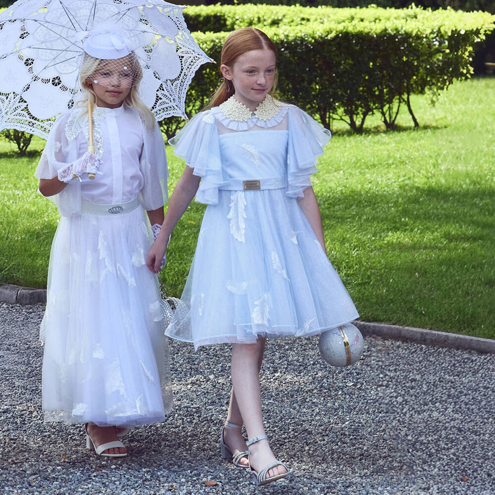 Junona-فستان تول مزين بالريش اللامع لون أزرق للبنات | Childrensalon