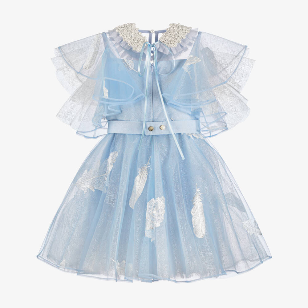 Junona-Girls Glitter Blue Tulle Dress with Feather Motifs | Childrensalon