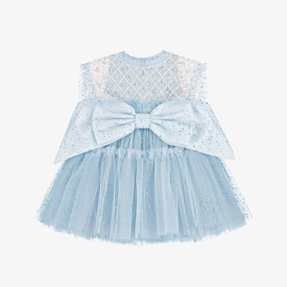 Junona-Girls Glittery Blue Tulle Dress with Beaded Collar | Childrensalon