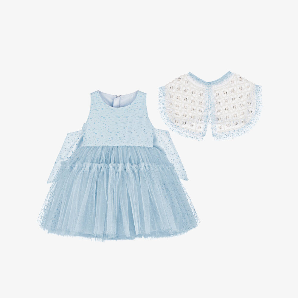 Junona-Girls Glittery Blue Tulle Dress with Beaded Collar | Childrensalon