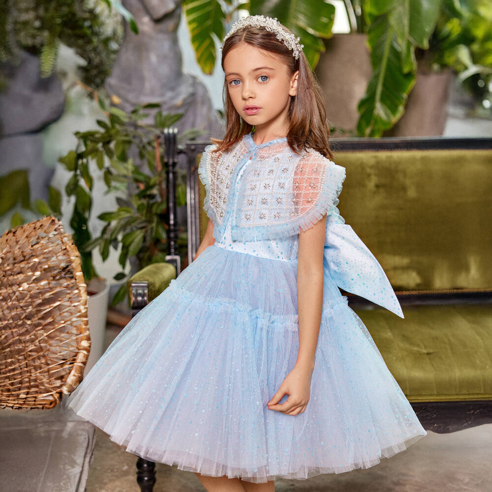 Junona-Girls Glittery Blue Tulle Dress with Beaded Collar | Childrensalon