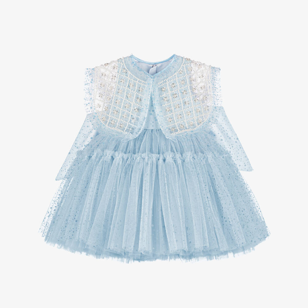 Junona-Girls Glittery Blue Tulle Dress with Beaded Collar | Childrensalon