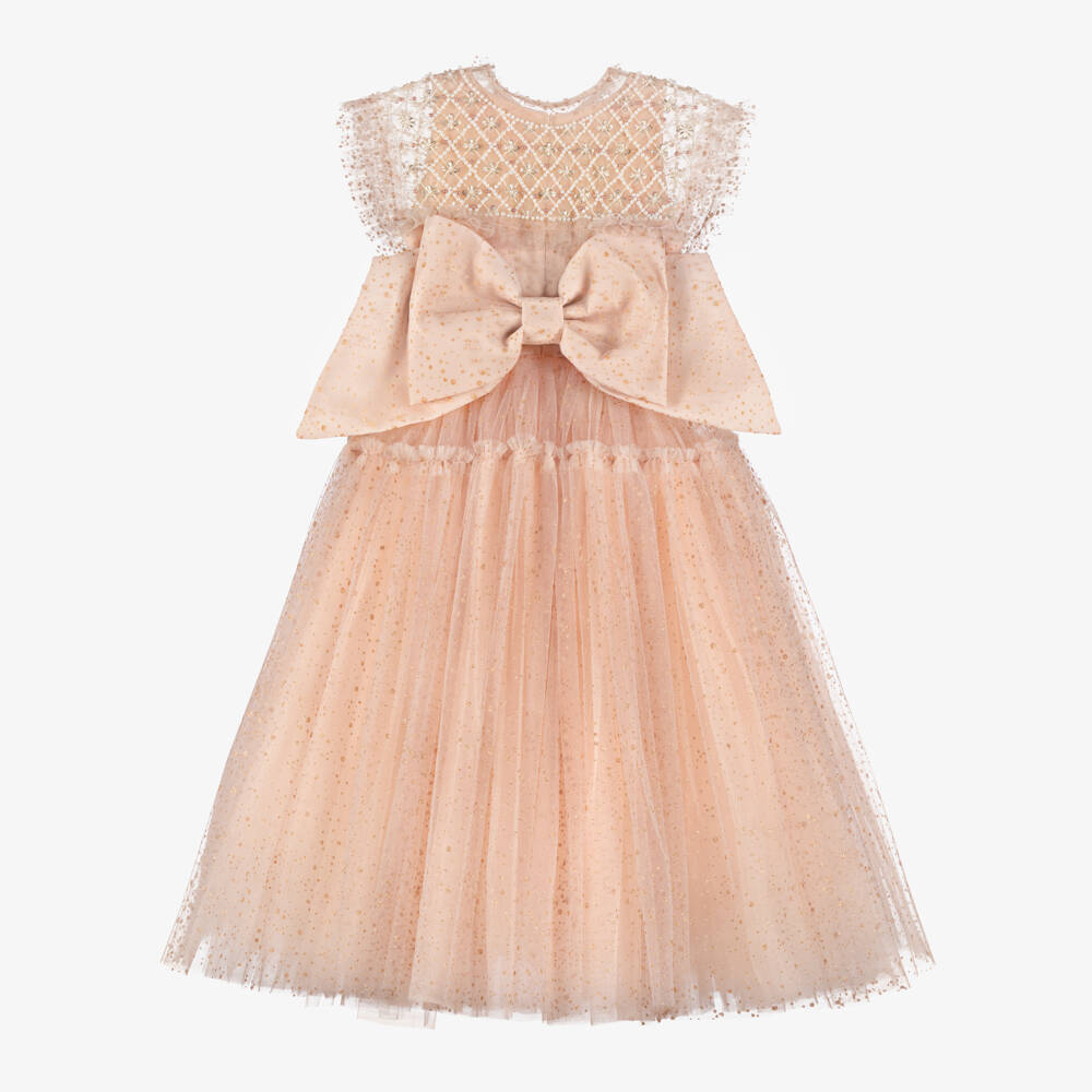Junona-Girls Glittery Dusky Pink Tulle Dress with Beaded Collar | Childrensalon