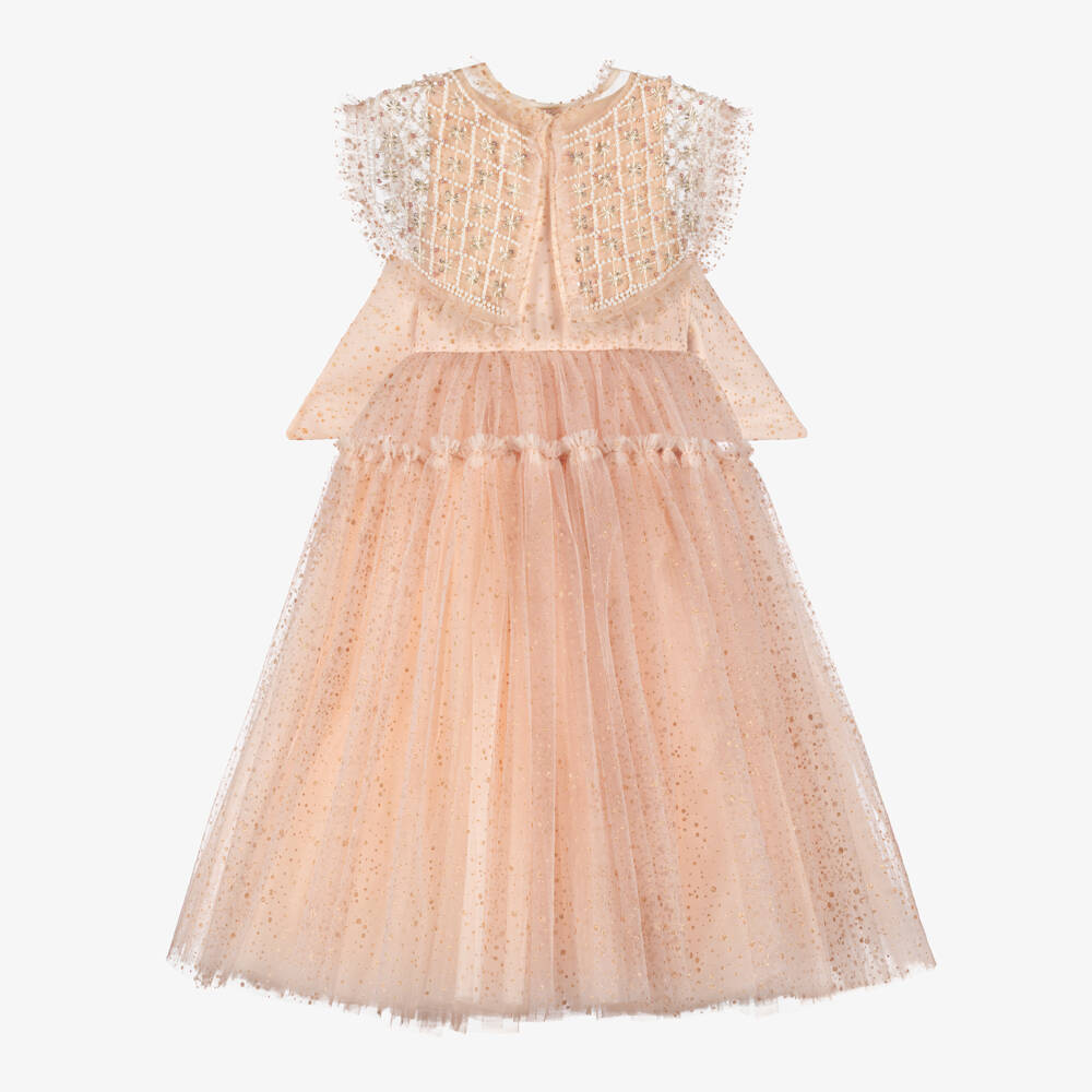 Junona-Girls Glittery Dusky Pink Tulle Dress with Beaded Collar | Childrensalon