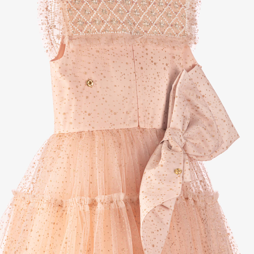 Junona-Girls Glittery Dusky Pink Tulle Dress with Beaded Collar | Childrensalon