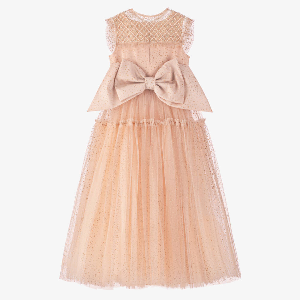 Junona-Girls Glittery Dusky Pink Tulle Dress with Beaded Collar | Childrensalon