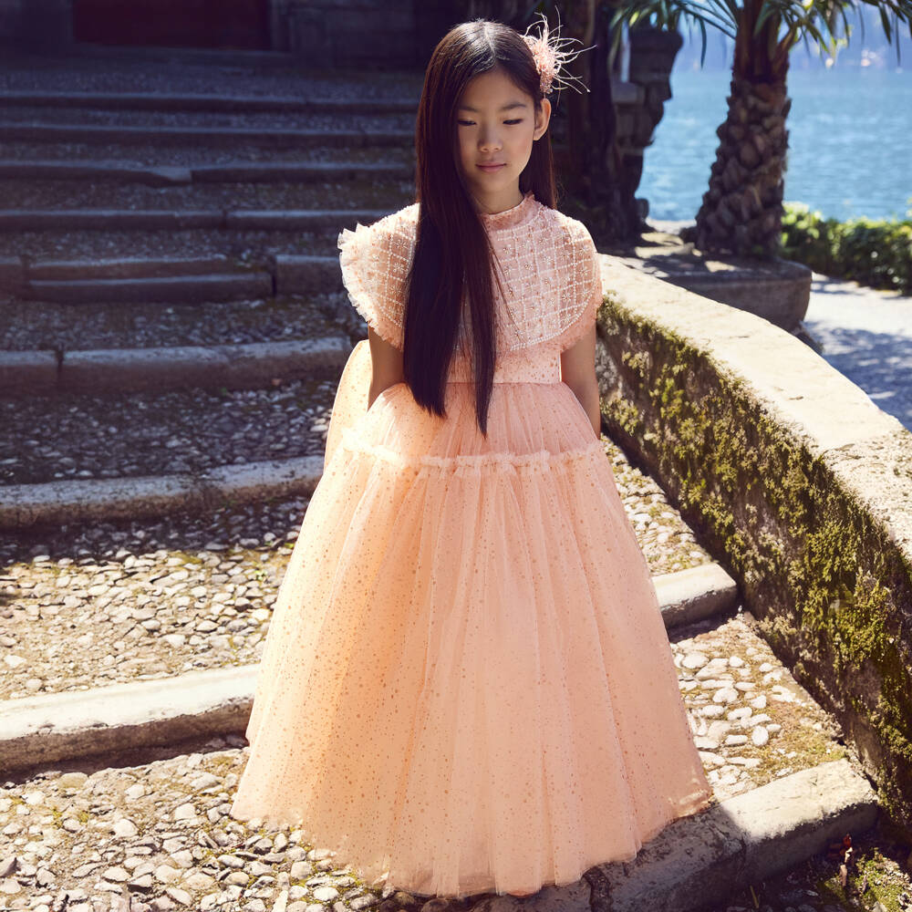 Junona-Girls Glittery Dusky Pink Tulle Dress with Beaded Collar | Childrensalon