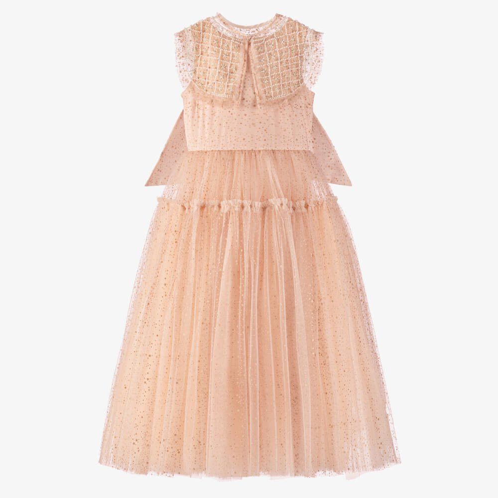 Junona-Girls Glittery Dusky Pink Tulle Dress with Beaded Collar | Childrensalon