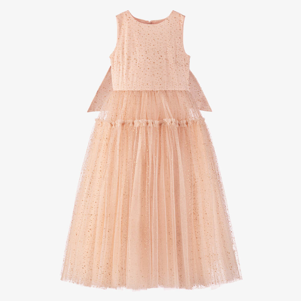 Junona-Girls Glittery Dusky Pink Tulle Dress with Beaded Collar | Childrensalon