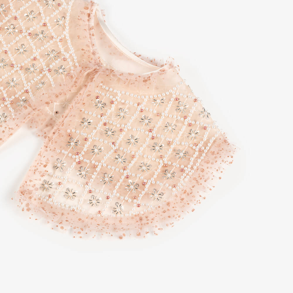 Junona-Girls Glittery Dusky Pink Tulle Dress with Beaded Collar | Childrensalon