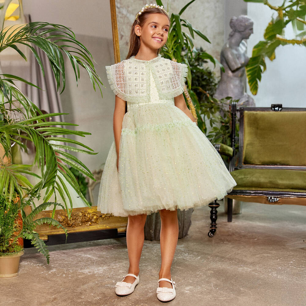 Junona-Girls Glittery Green Tulle Dress with Beaded Collar | Childrensalon