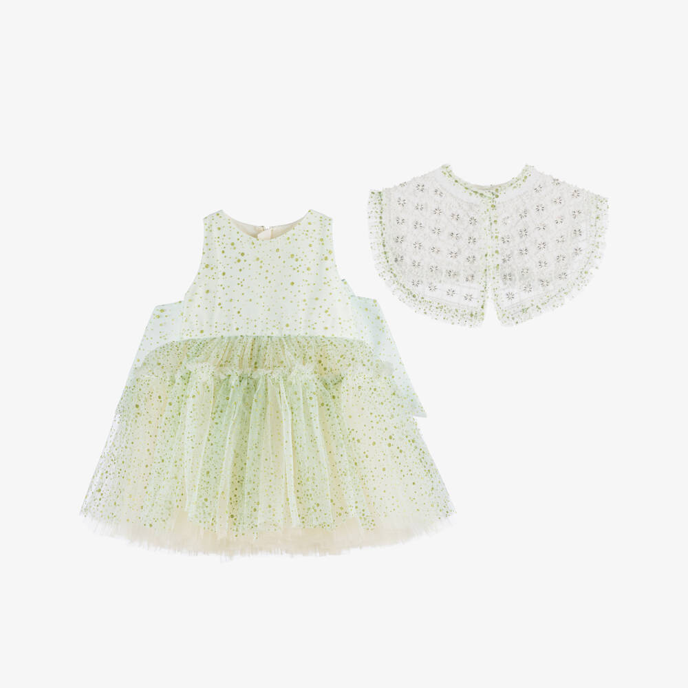 Junona-Girls Glittery Green Tulle Dress with Beaded Collar | Childrensalon